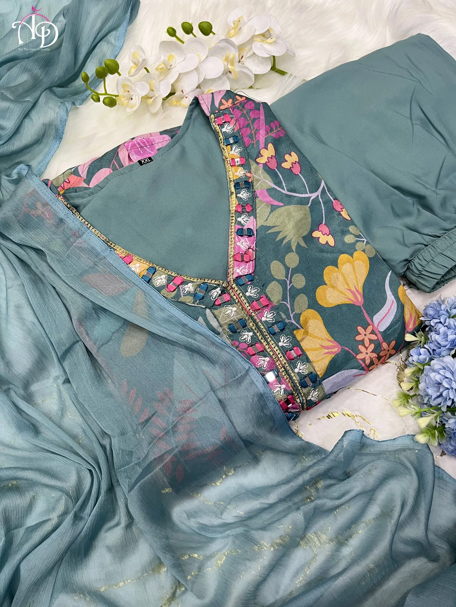 Mehera Green Floral Alia Cut Kurti With Bottom Catalog